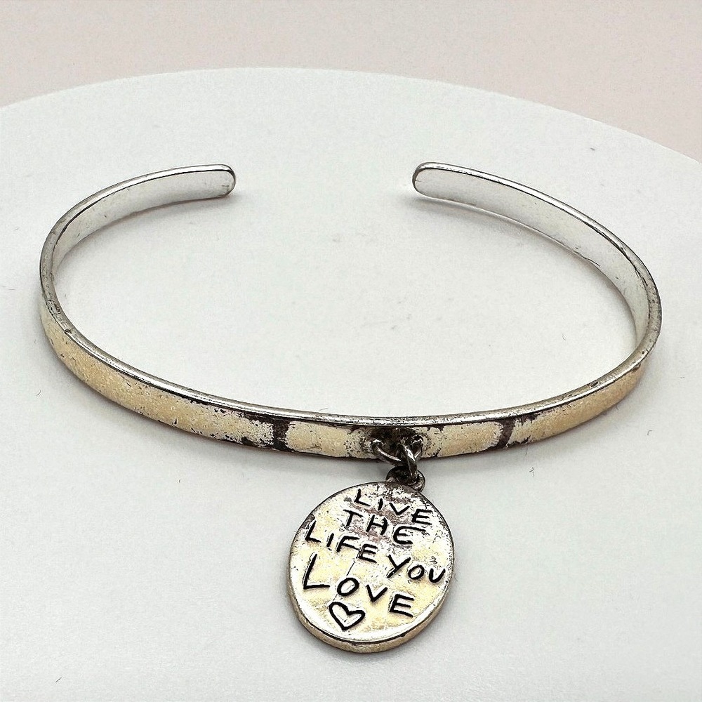 Vintage 90s Silver Tone Hand Bracelet Live The Life You Love Heart Charm Jewelry